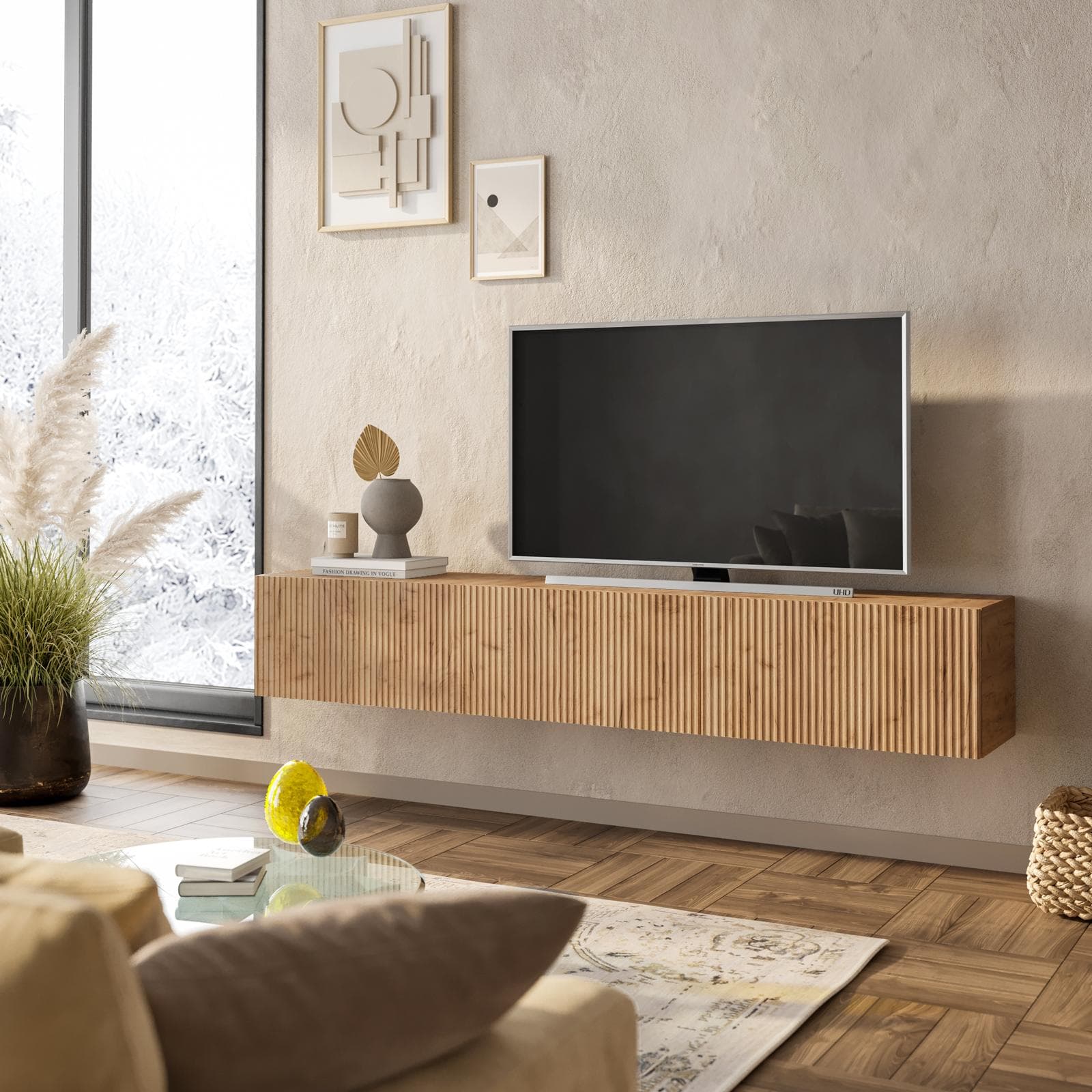 Porta tv sospeso 180x30h cm rovere gold con 3 ante cannettate reversibili - Judith