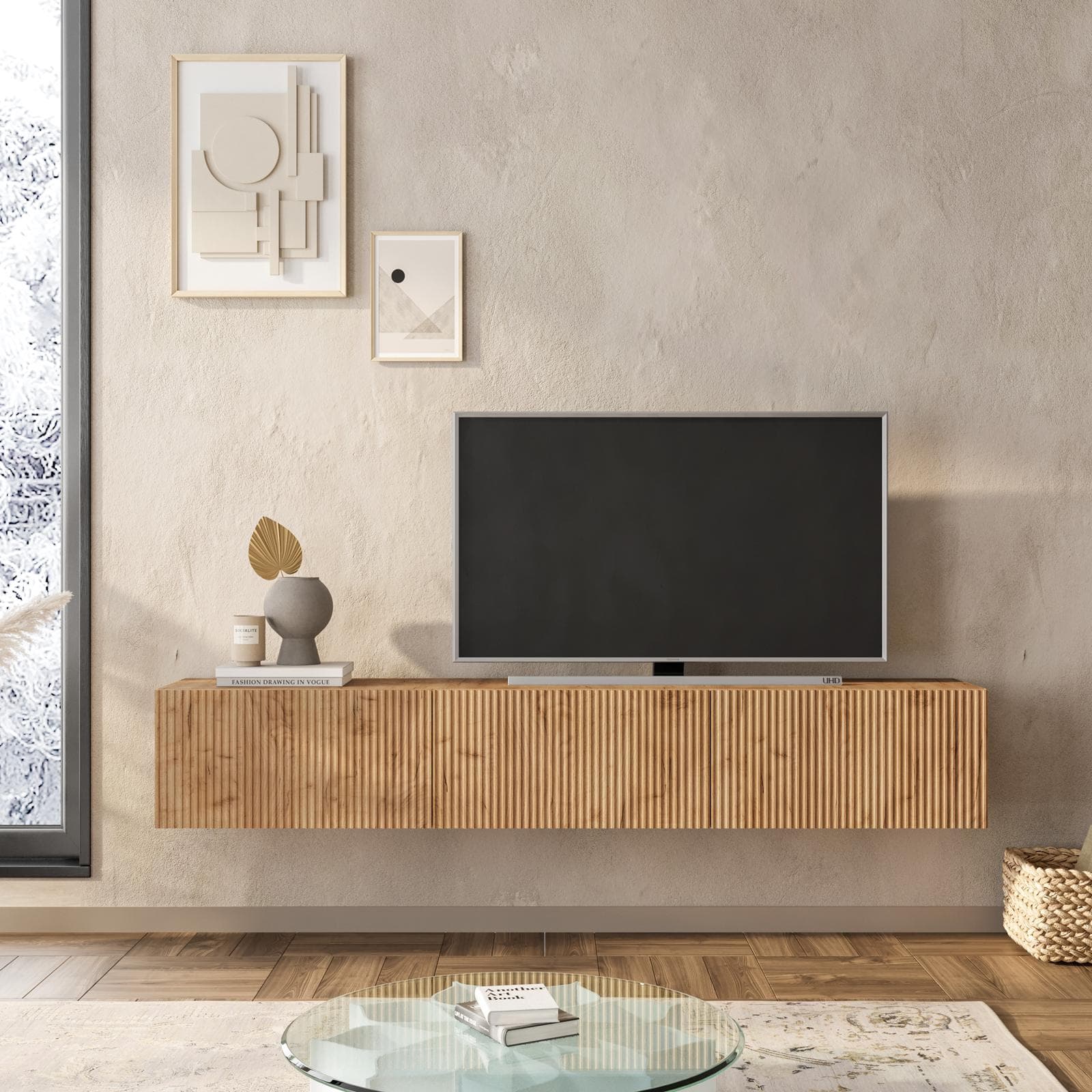 Porta tv sospeso 180x30h cm rovere gold con 3 ante cannettate reversibili - Judith