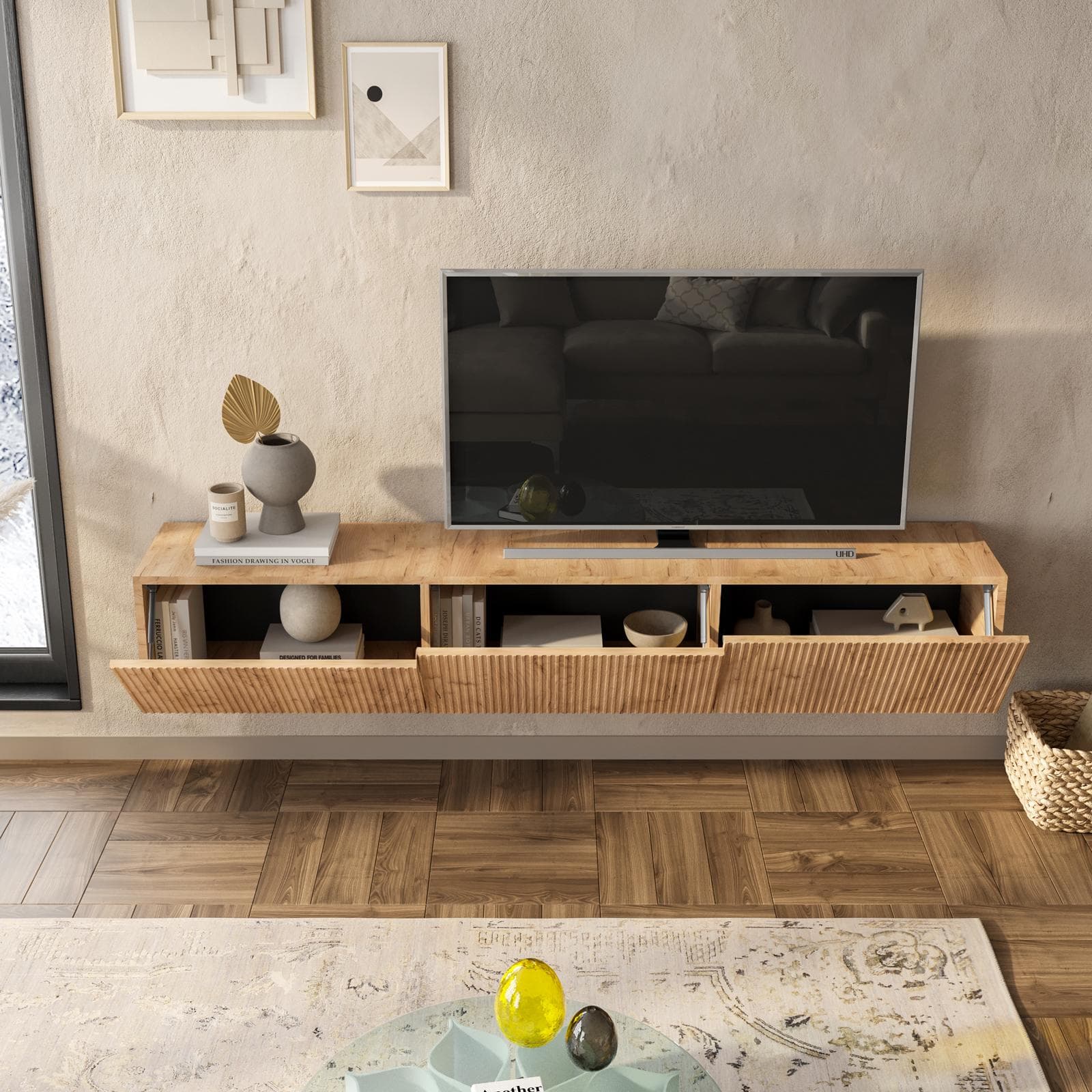 Porta tv sospeso 180x30h cm rovere gold con 3 ante cannettate reversibili - Judith