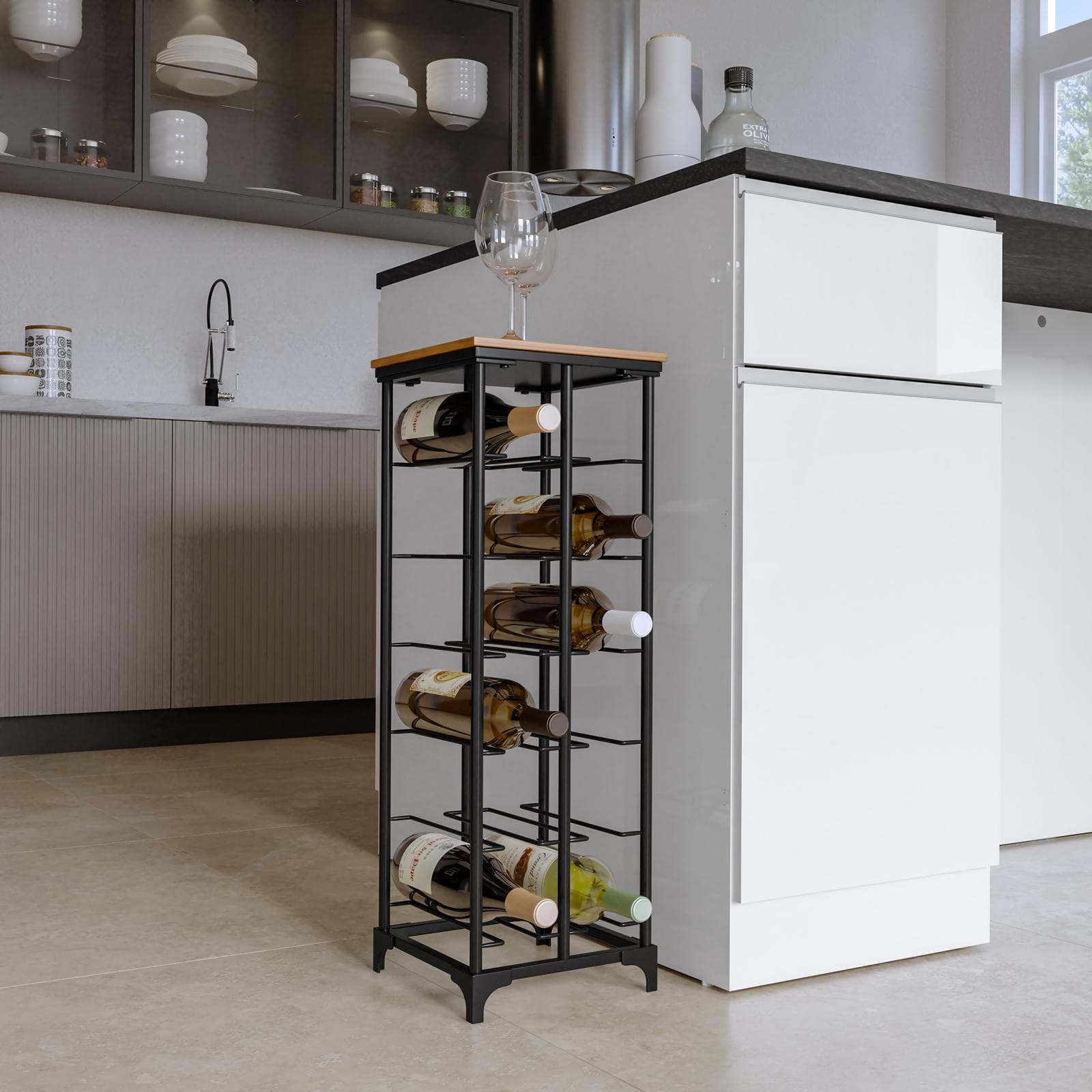 Portabottiglie 24x71h cm in metallo nero e legno noce - Holoc