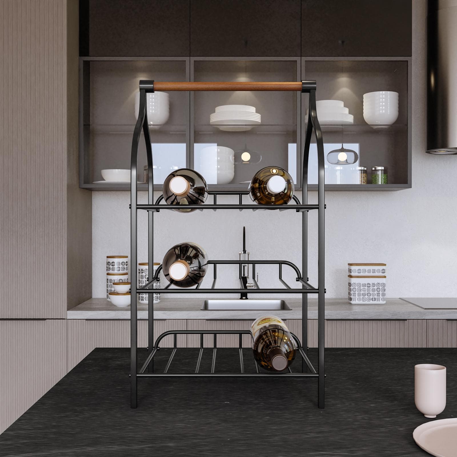 Portabottiglie 33x57h cm in metallo nero e legno noce - Holoc
