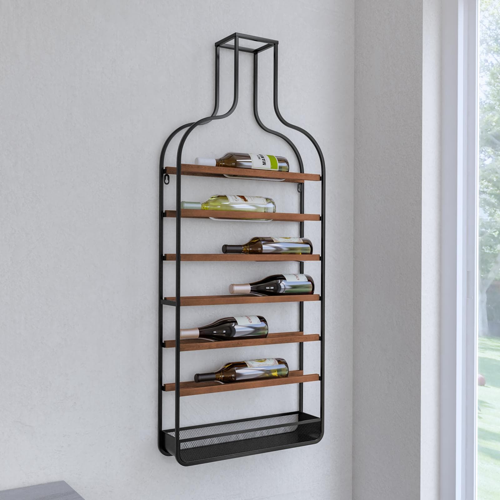 Portabottiglie da parete 50x120h cm in metallo nero e legno noce - Holoc
