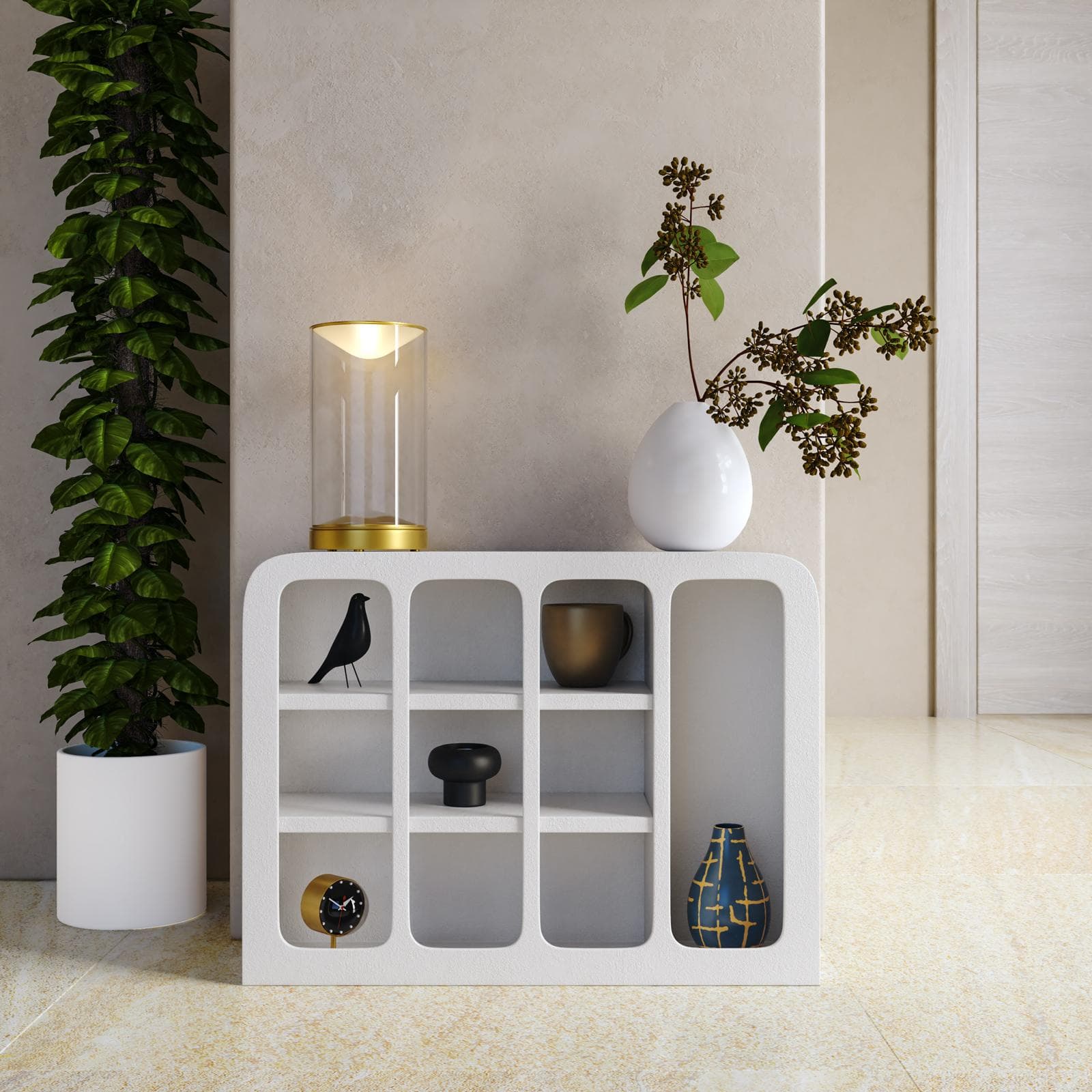 Portaoggetti 56x42h cm effetto pietra bianco con retro in plexiglass cannettato - Hermosa
