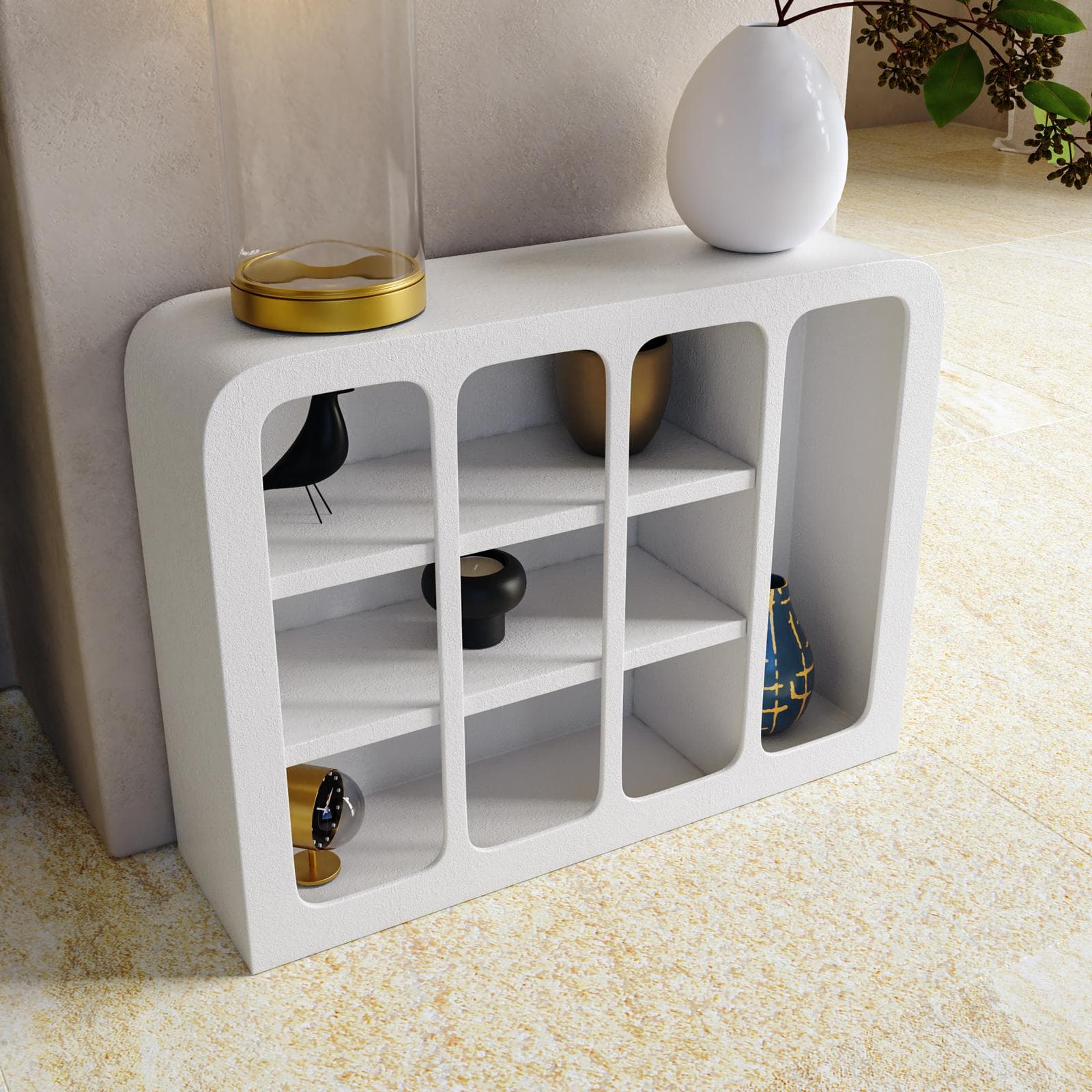 Portaoggetti 56x42h cm effetto pietra bianco con retro in plexiglass cannettato - Hermosa
