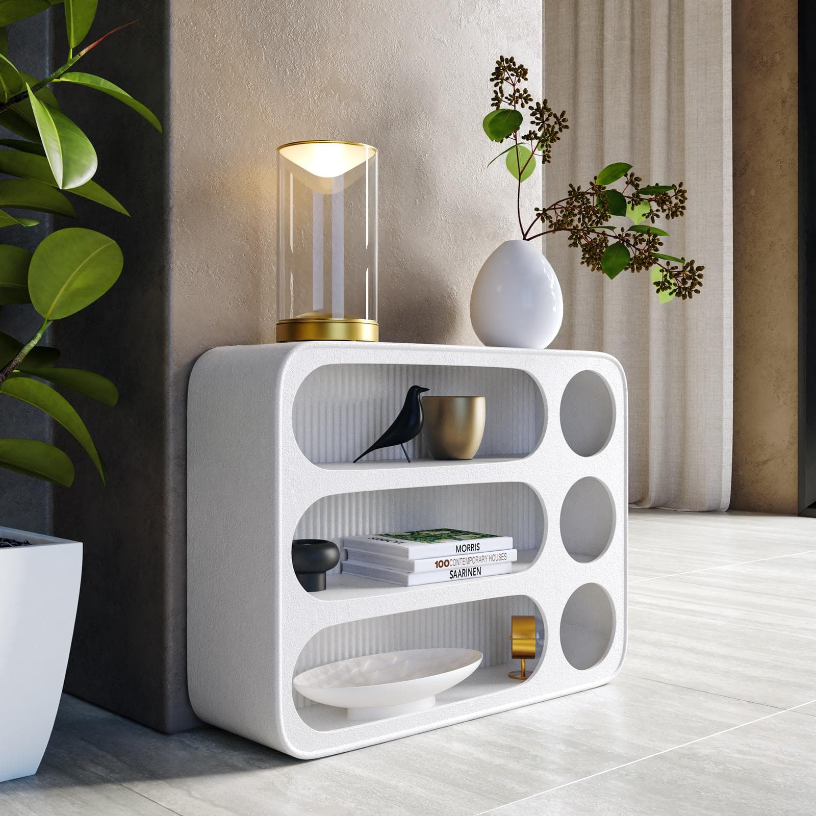 Portaoggetti 59x45h cm effetto pietra bianco con retro in plexiglass cannettato - Hermosa