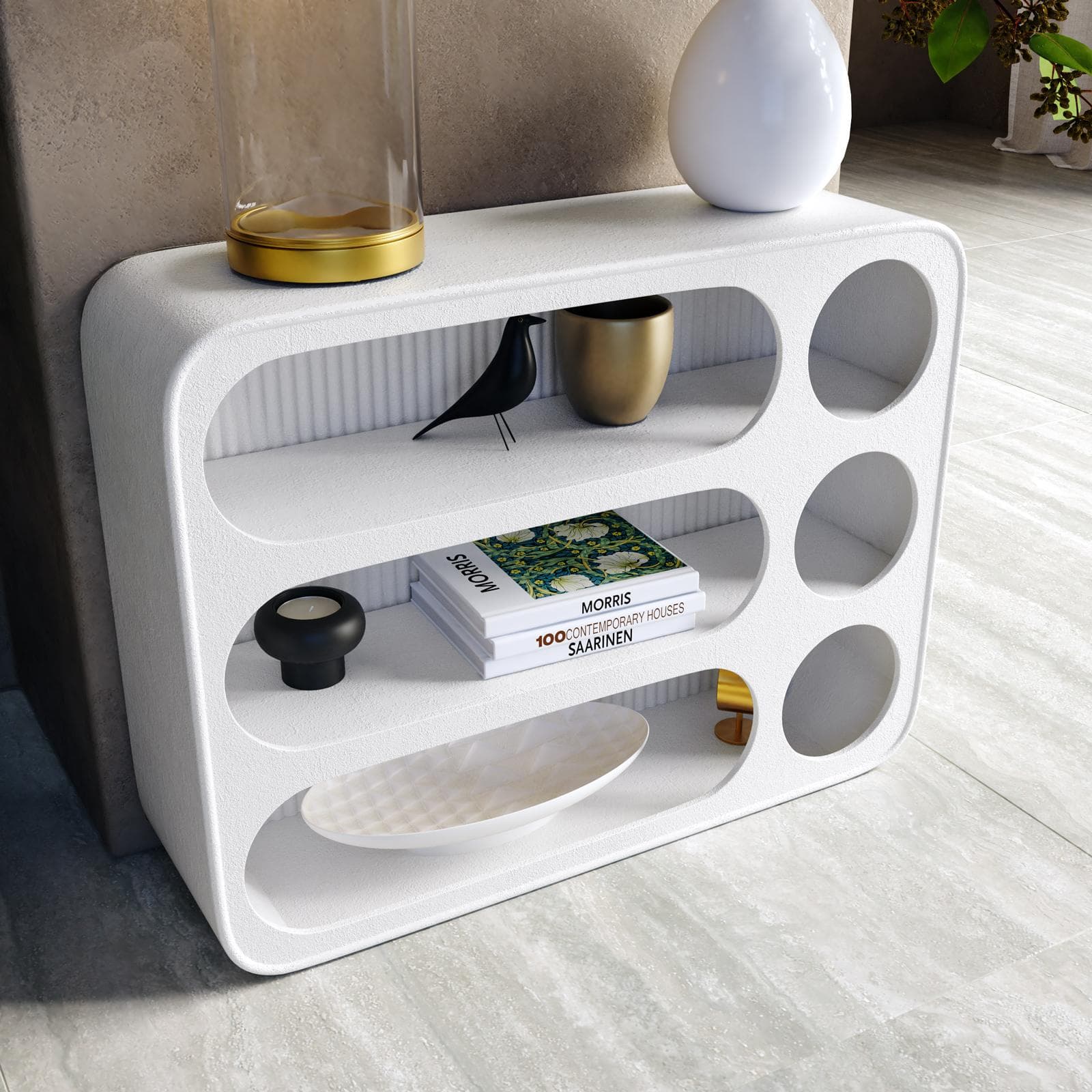 Portaoggetti 59x45h cm effetto pietra bianco con retro in plexiglass cannettato - Hermosa