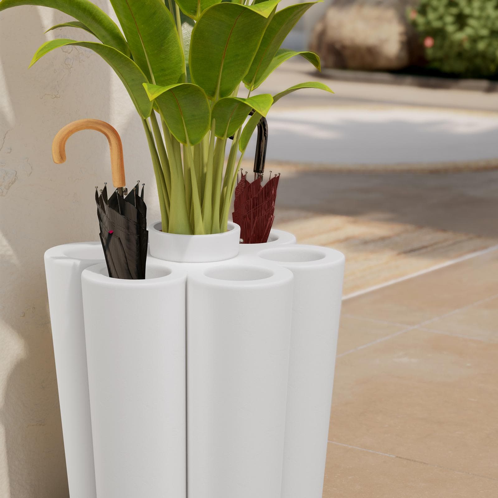 Portaombrelli rotondo 50 cm da interno o esterno in polietilene bianco con portavaso - Moreja