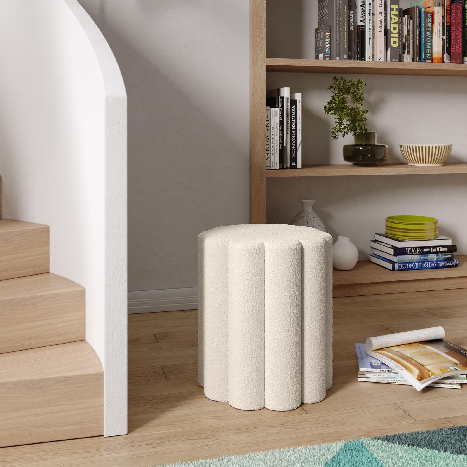 Pouf 35x40h cm in tessuto teddy bianco a forma di fiore - Taylen