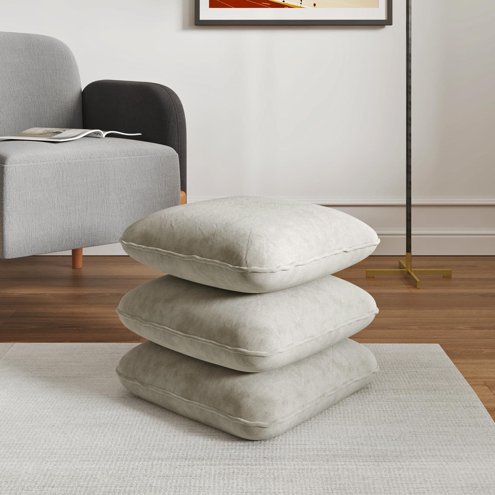 Pouf 41x41 cm in velluto beige imbottito - Salko