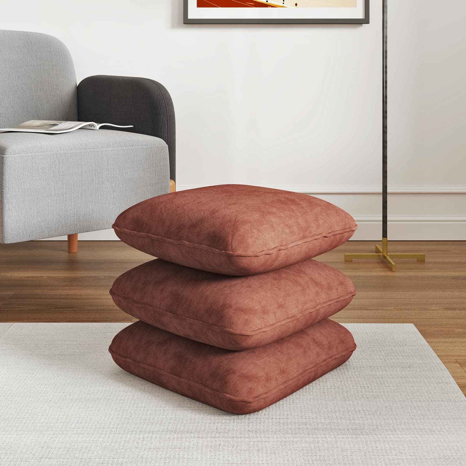 Pouf 41x41 cm in velluto ruggine imbottito - Salko