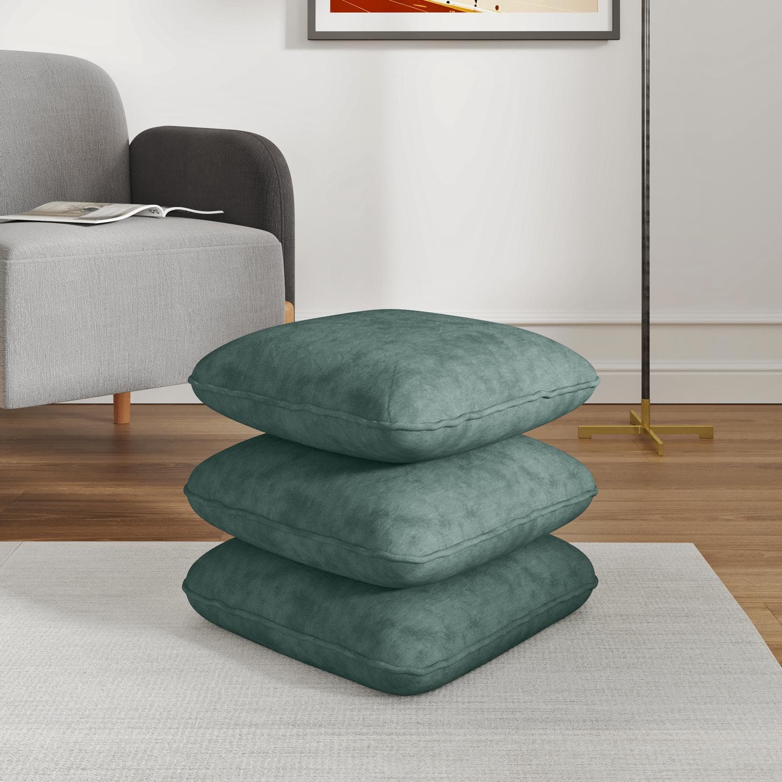 Pouf 41x41 cm in velluto verde petrolio imbottito - Salko