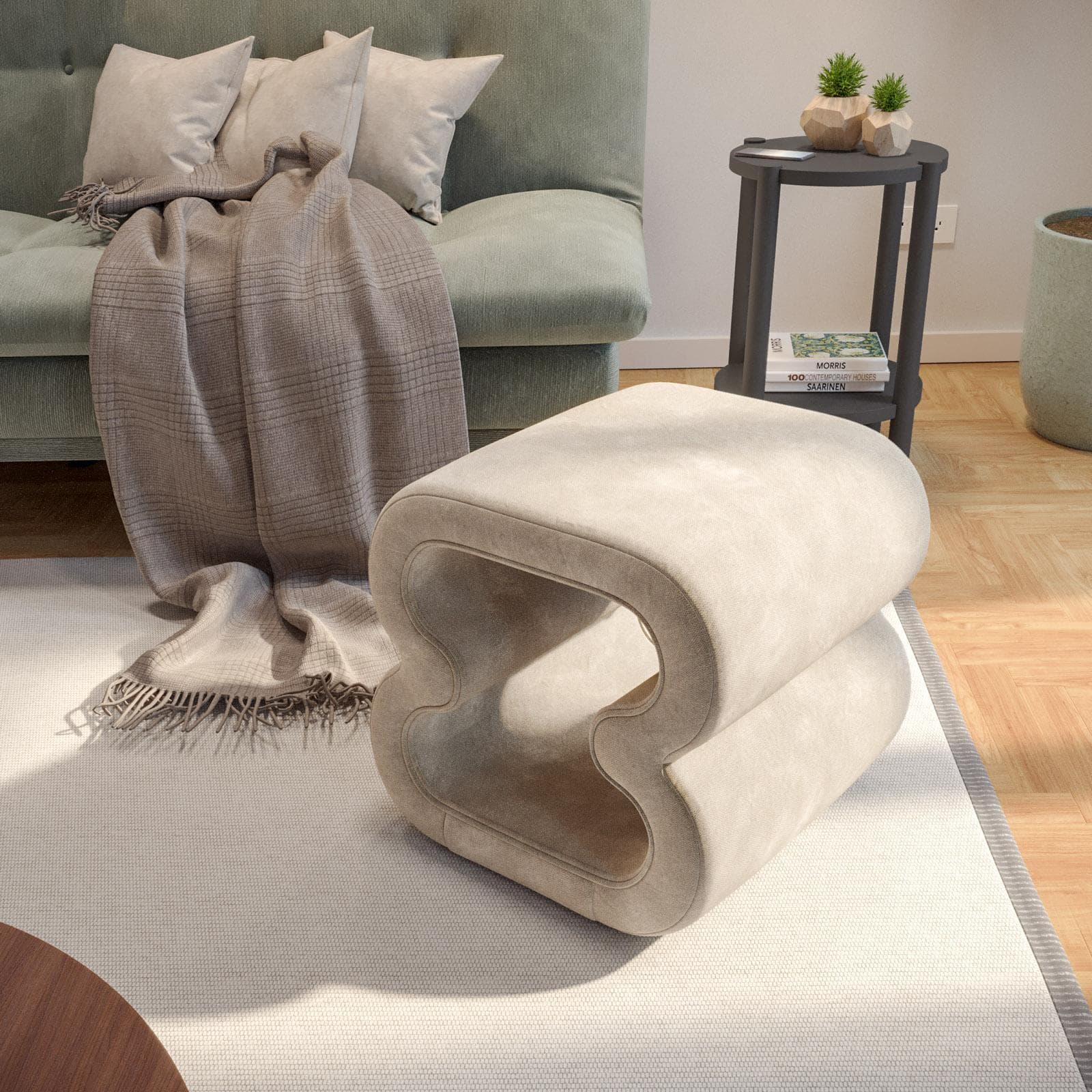 Pouf 45x42 cm in tessuto a trama sottile panna con design astratto - Everett