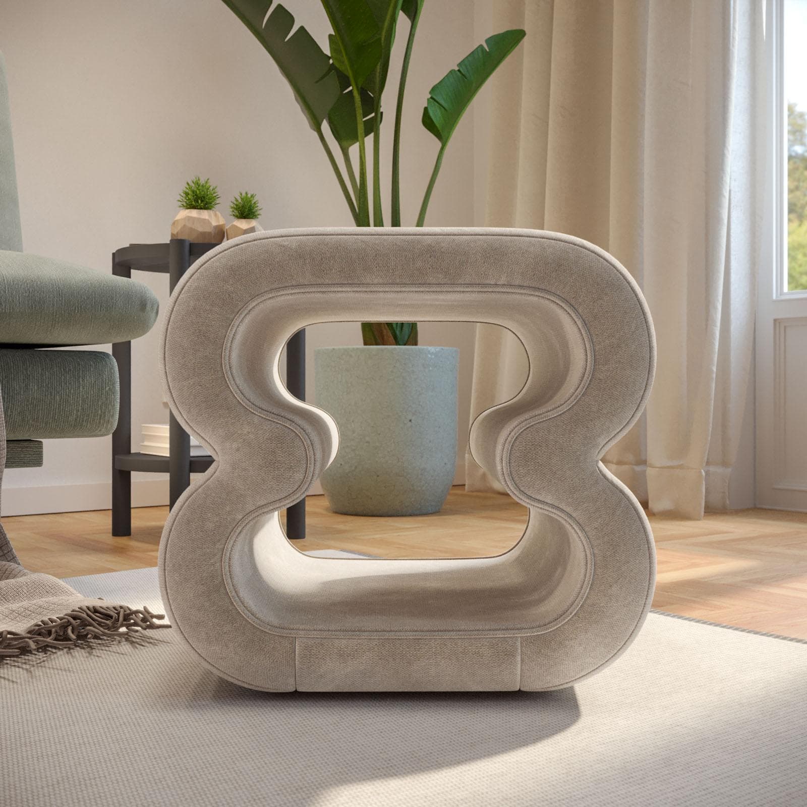 Pouf 45x42 cm in tessuto a trama sottile panna con design astratto - Everett