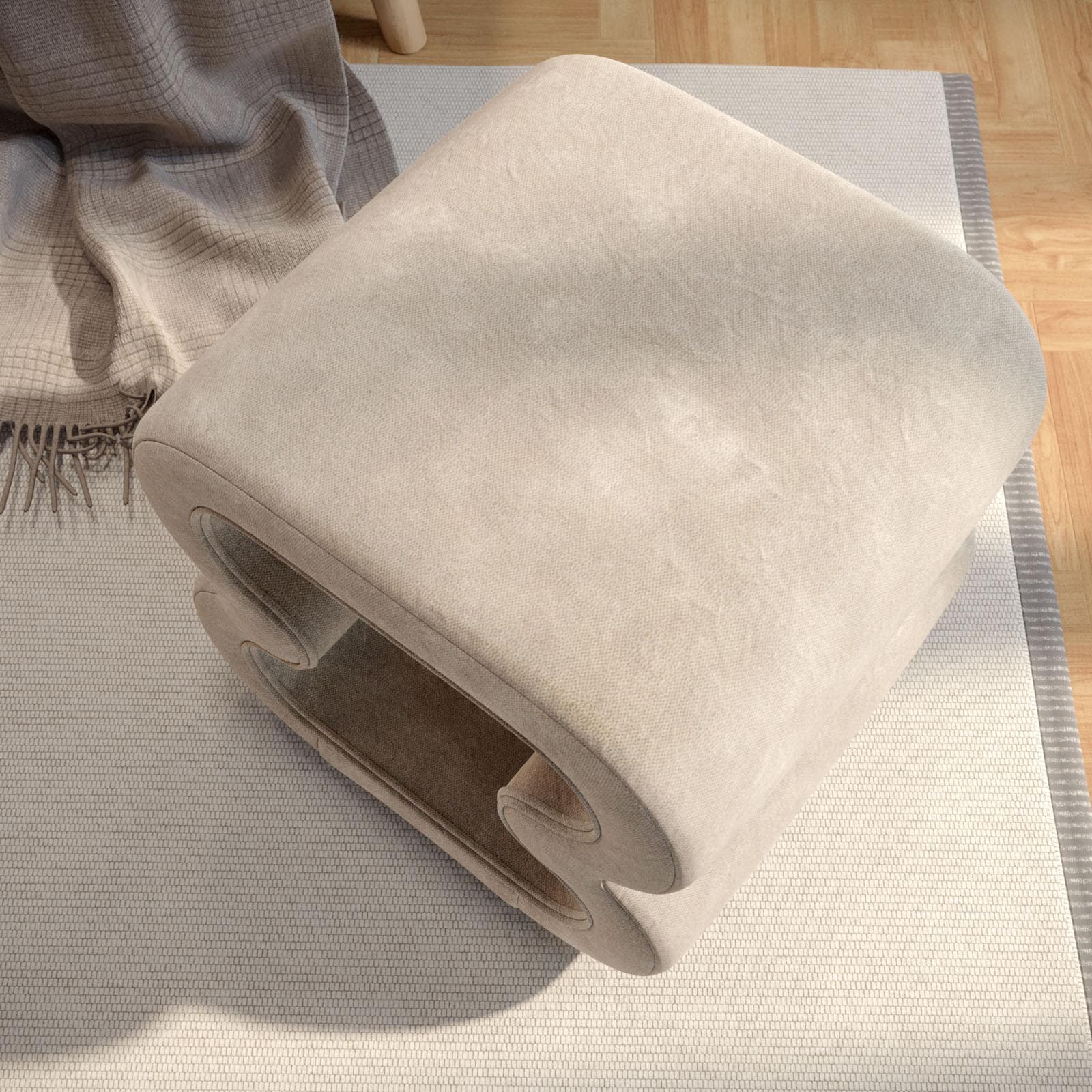 Pouf 45x42 cm in tessuto a trama sottile panna con design astratto - Everett
