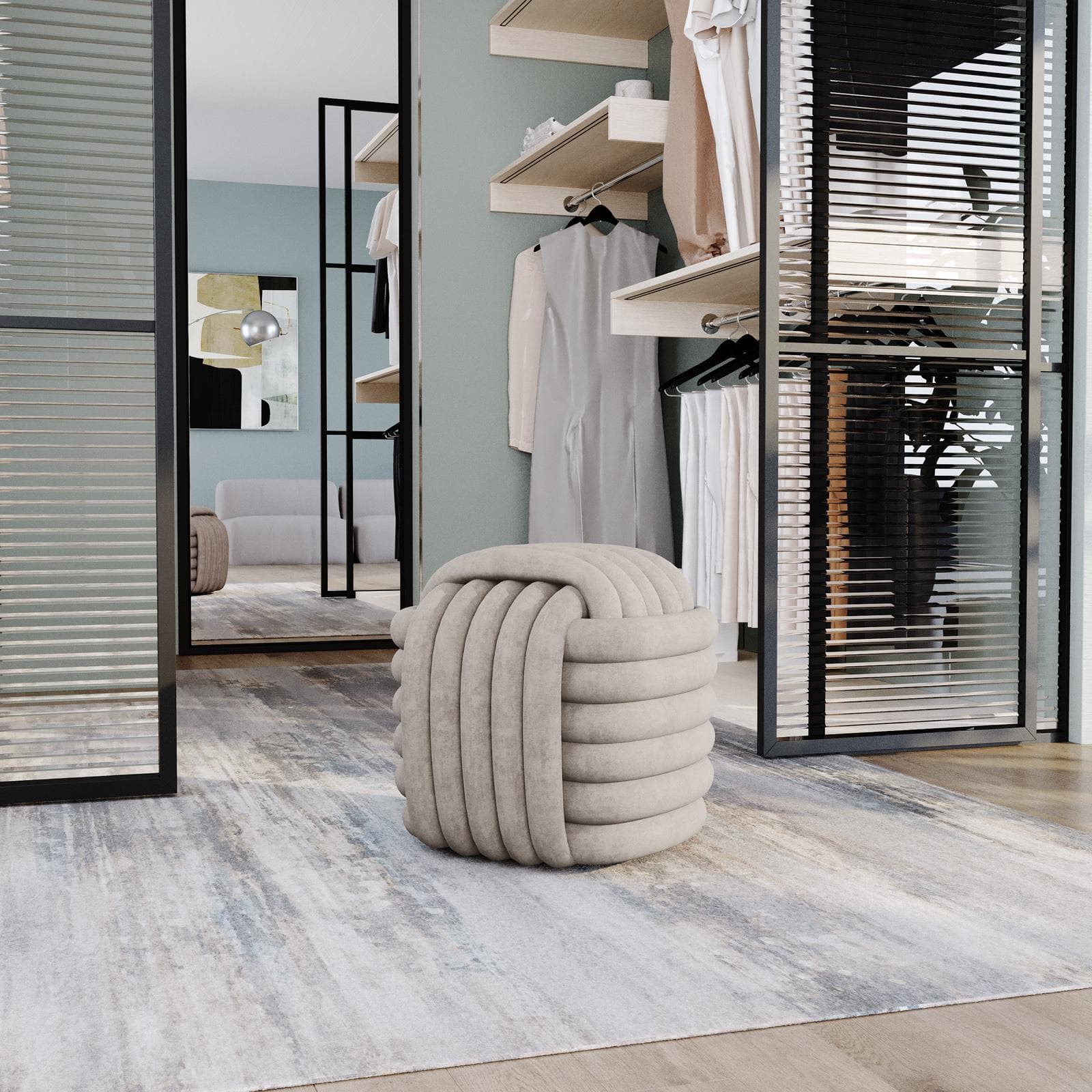Pouf 45x45 cm in velluto beige annodato - Pinella