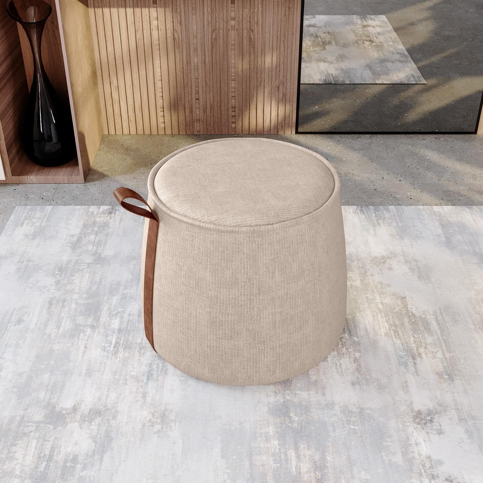 Pouf 50x42h cm in ciniglia beige con dettaglio cuoio - Sashe