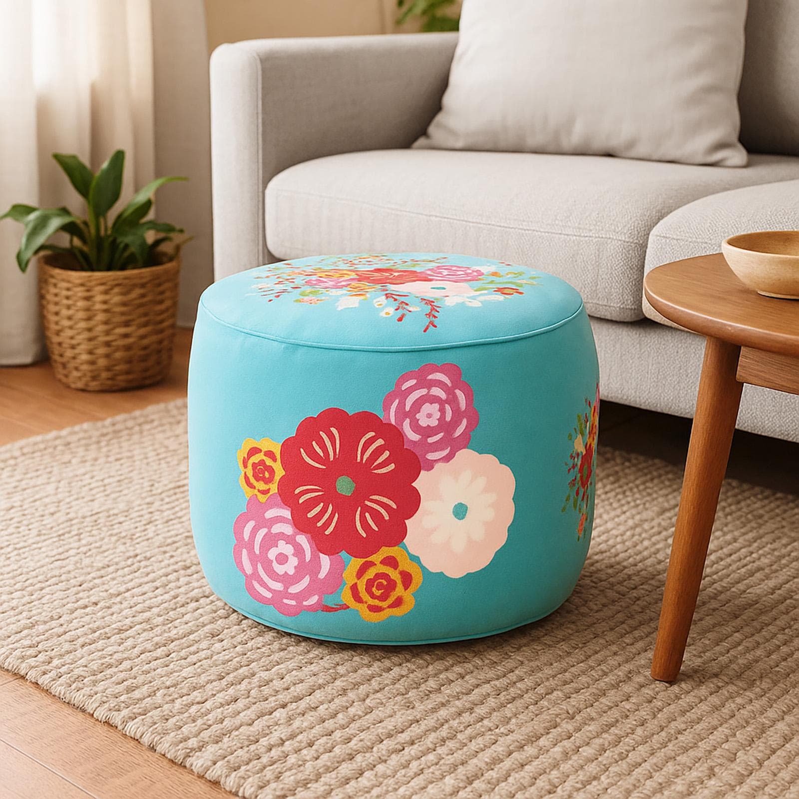 Pouf 56 cm in velluto turchese con fantasia floreale - Isadora