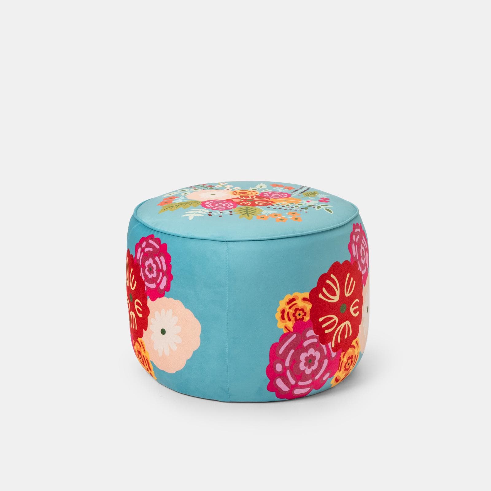 Pouf 56 cm in velluto turchese con fantasia floreale - Isadora