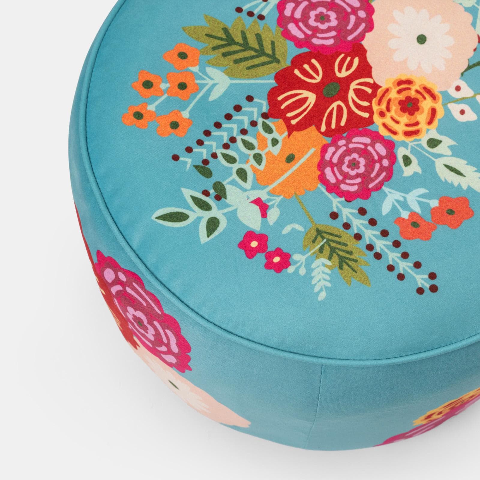 Pouf 56 cm in velluto turchese con fantasia floreale - Isadora