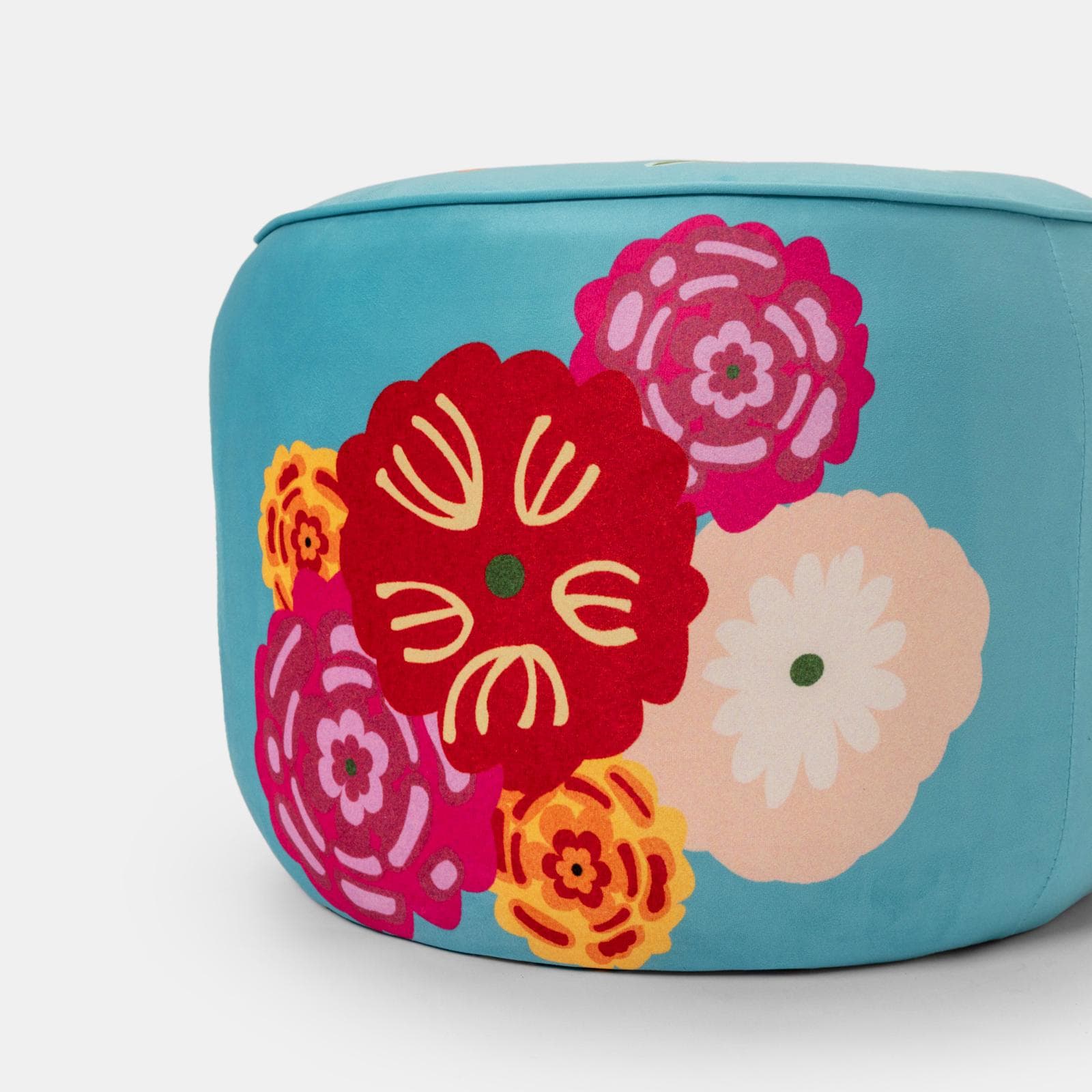 Pouf 56 cm in velluto turchese con fantasia floreale - Isadora