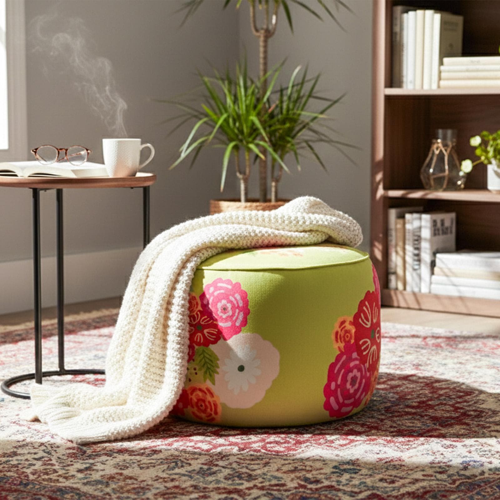 Pouf 56 cm in velluto verde con fantasia floreale - Isadora
