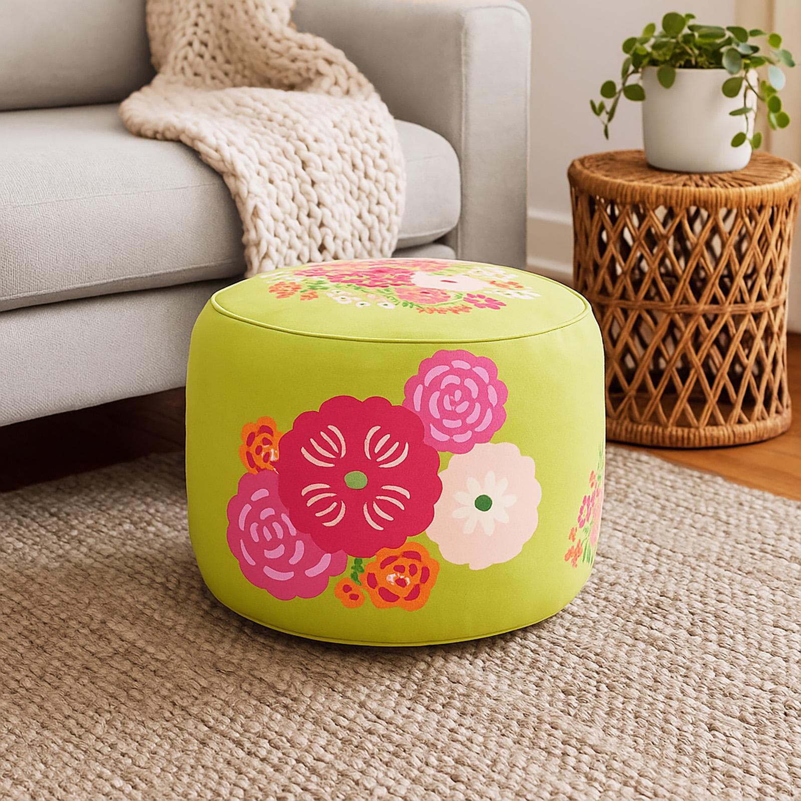 Pouf 56 cm in velluto verde con fantasia floreale - Isadora