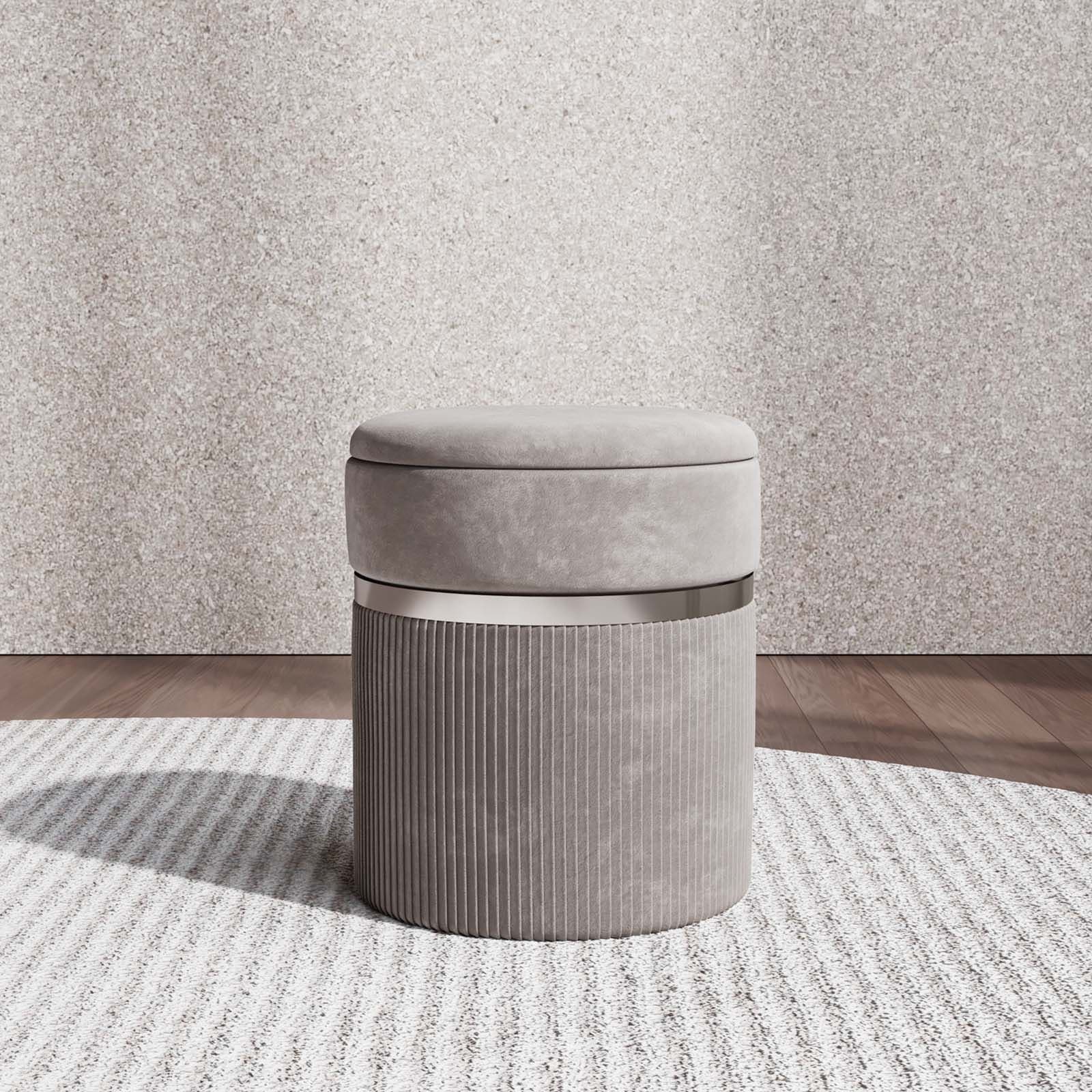 Pouf contenitore 35 cm in velluto grigio con finitura cromata - Scrat