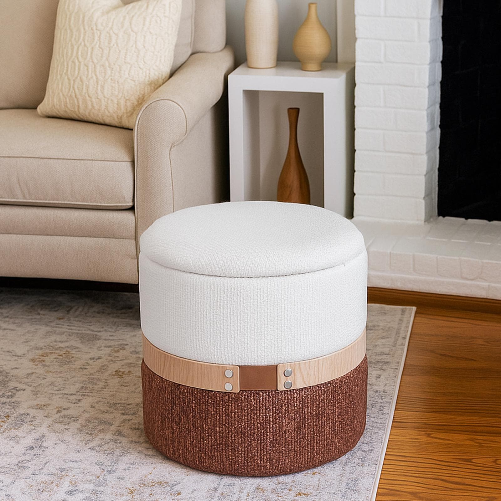Pouf contenitore 36 cm in tessuto bicolore bianco e terracotta - Collard