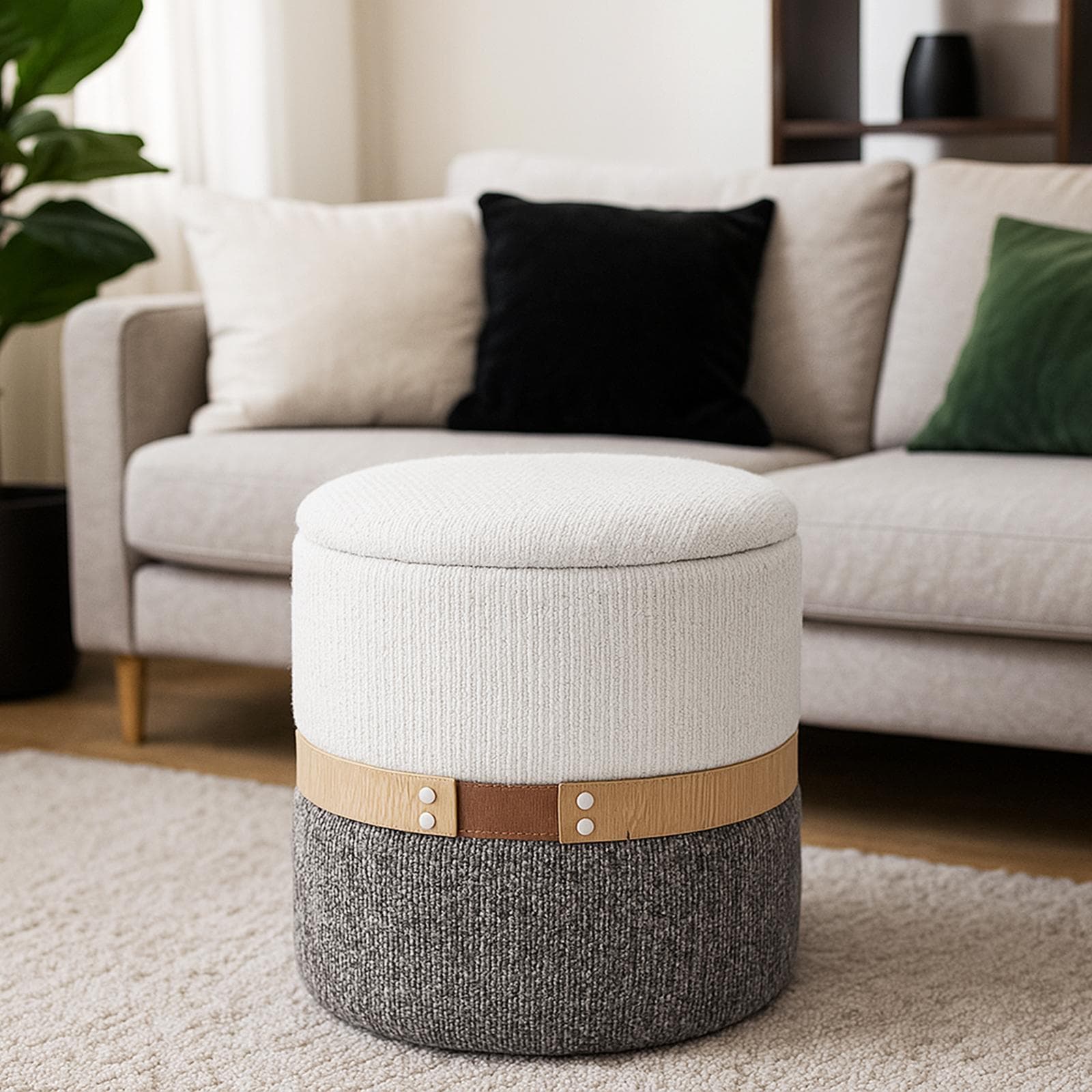 Pouf contenitore 36 cm in tessuto bicolore panna e cacao - Collard
