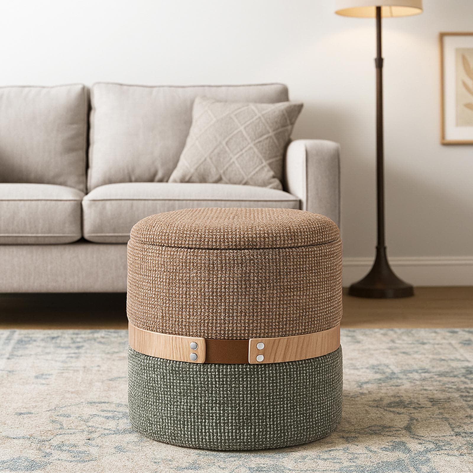 Pouf contenitore 36 cm in tessuto bicolore tortora e verde - Collard