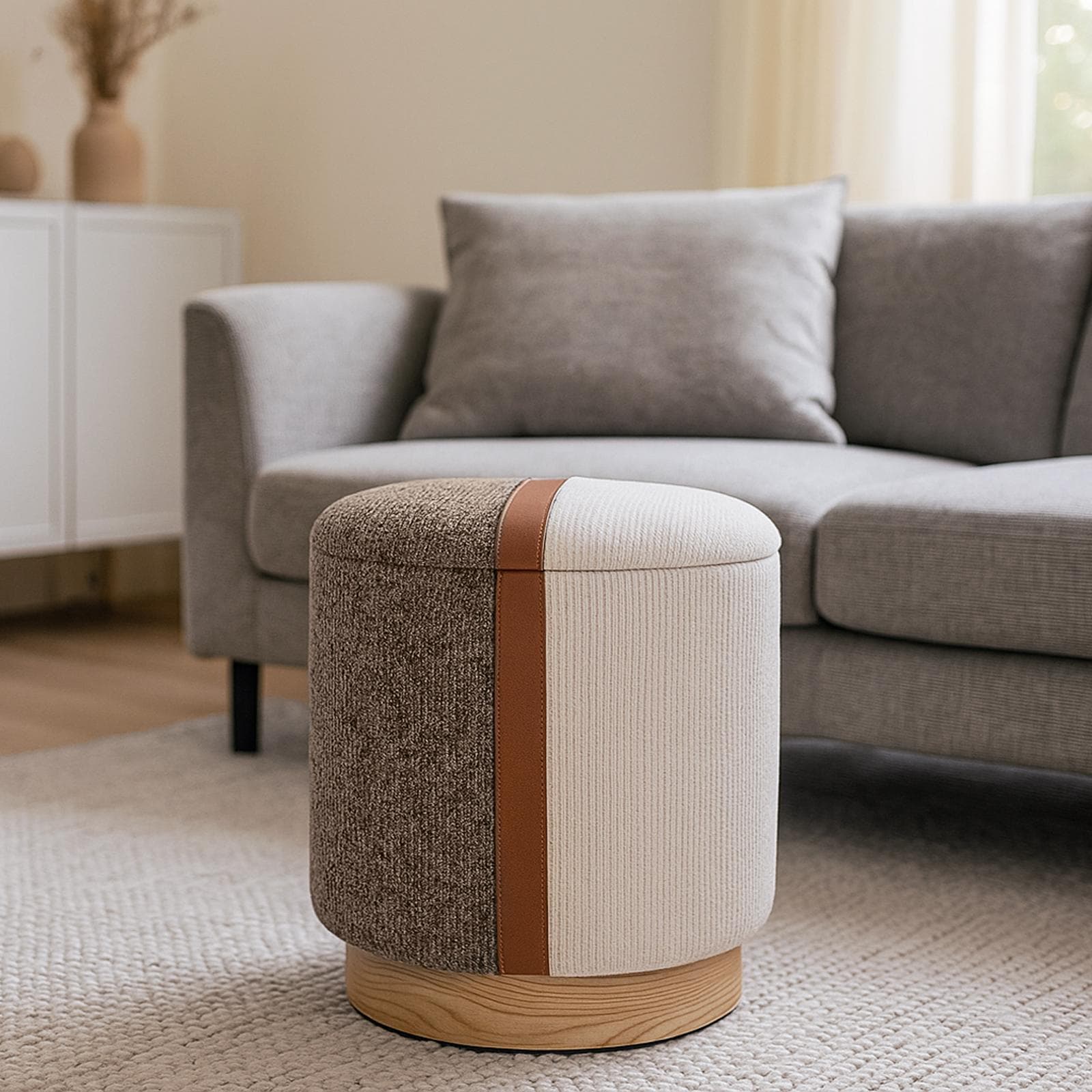 Pouf contenitore 38 cm in tessuto bouclé panna e cacao con dettaglio similpelle cognac - Stobbart