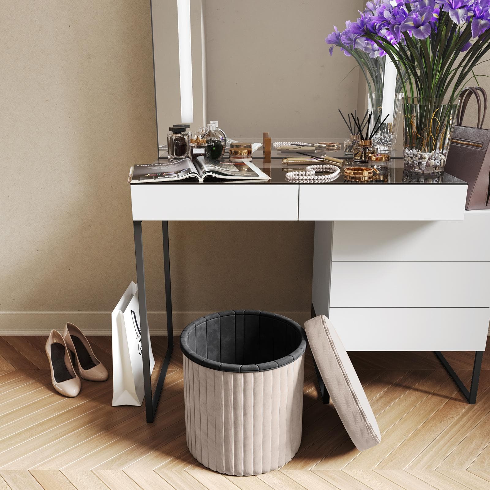 Pouf contenitore 38x38 cm in velluto a coste beige con seduta imbottita - French