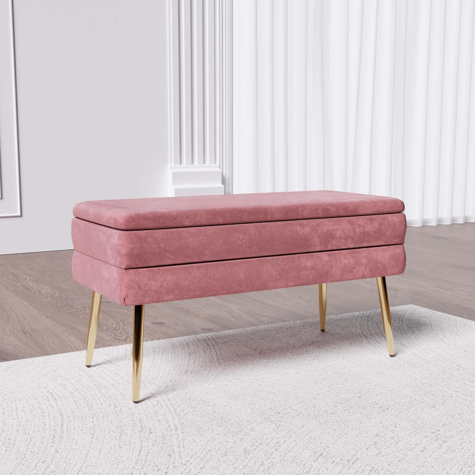 Panca contenitore 80x38 cm in velluto rosa antico gambe oro - Bloom