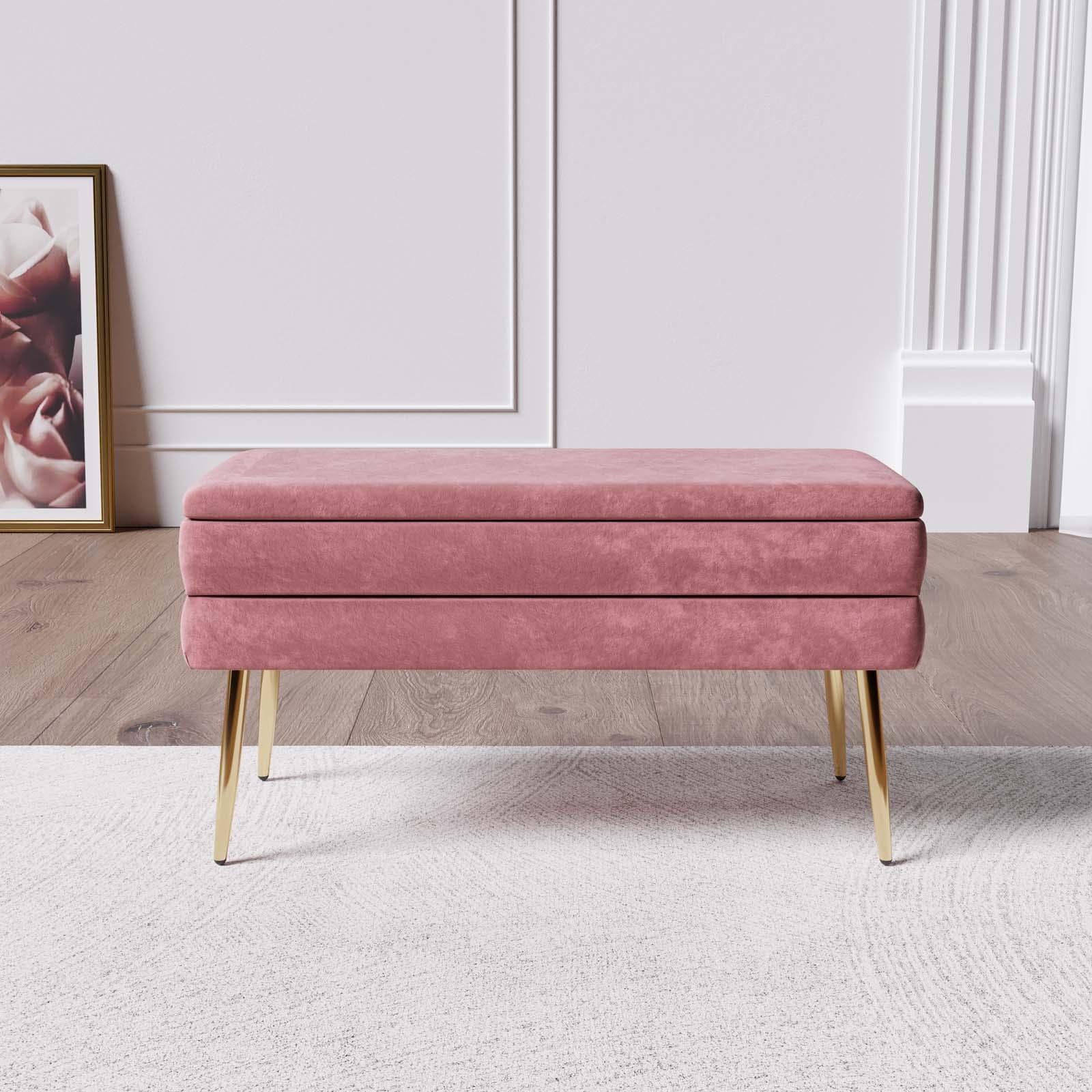 Panca contenitore 80x38 cm in velluto rosa antico gambe oro - Bloom