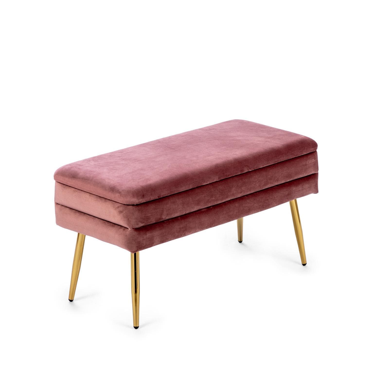 Panca contenitore 80x38 cm in velluto rosa antico gambe oro - Bloom
