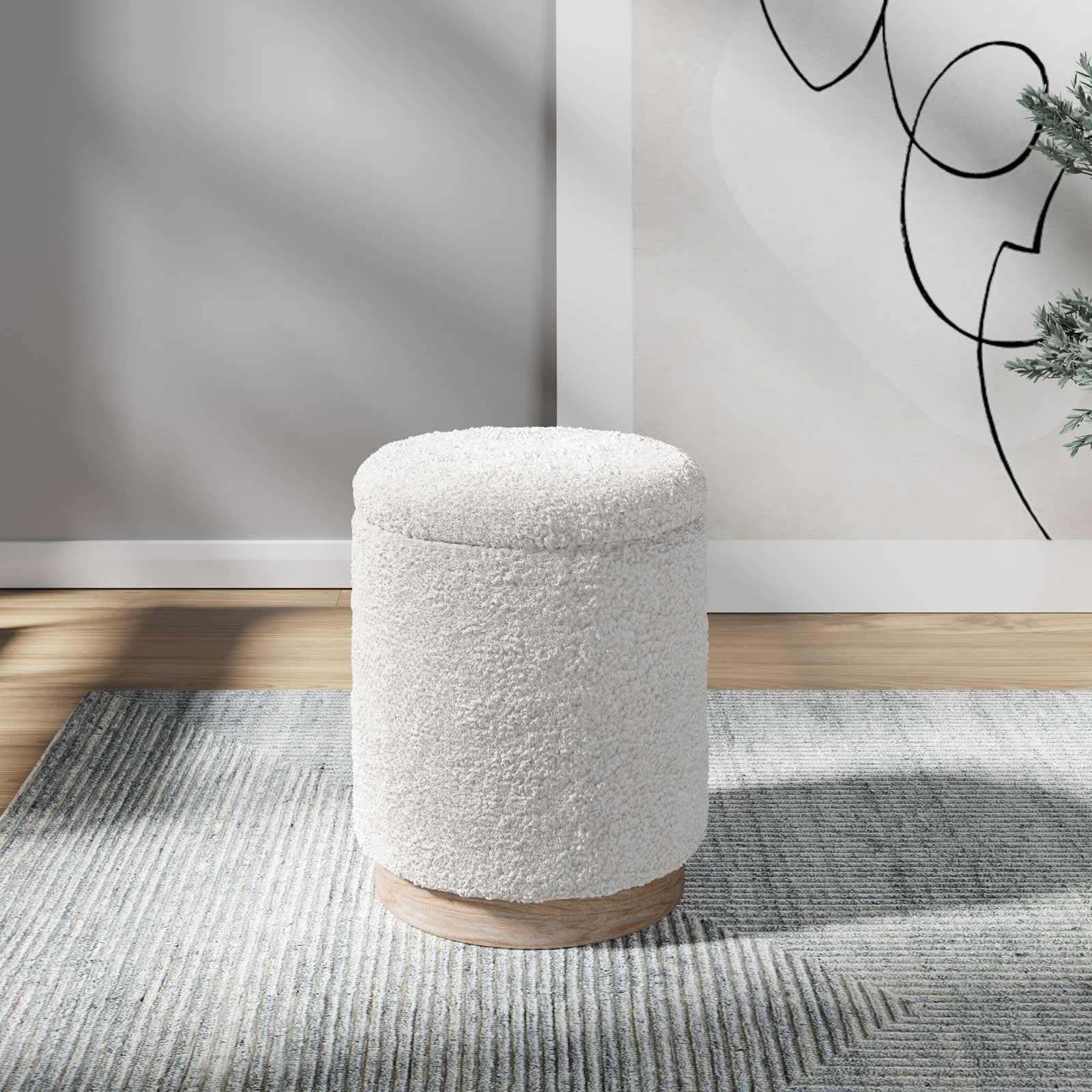 Pouf contenitore 37 cm in tessuto teddy bianco con base in legno - Remy