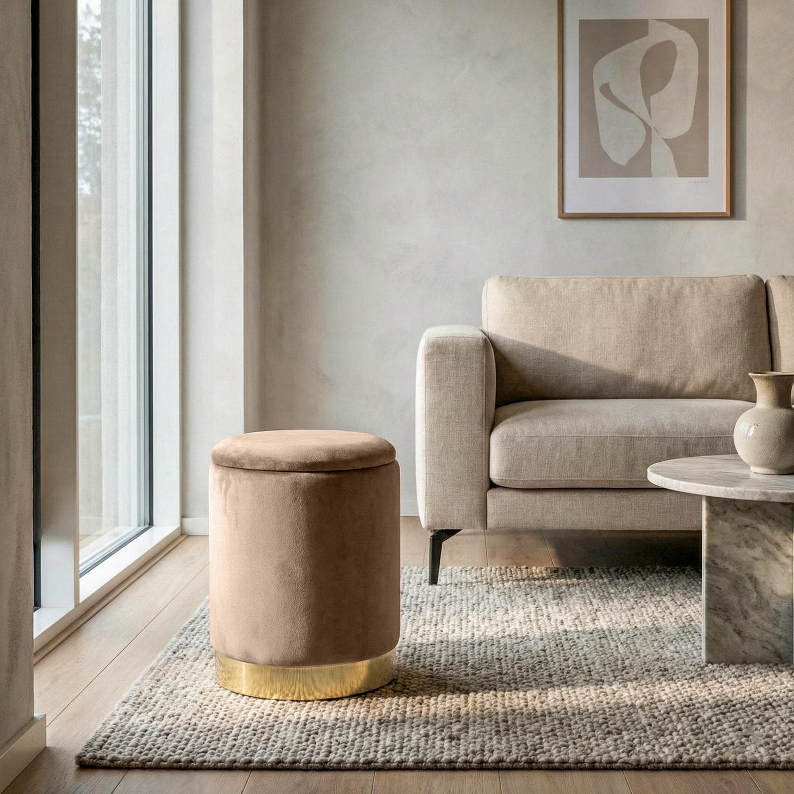 Pouf contenitore 29 cm effetto velluto chocolat con base oro - Elenor