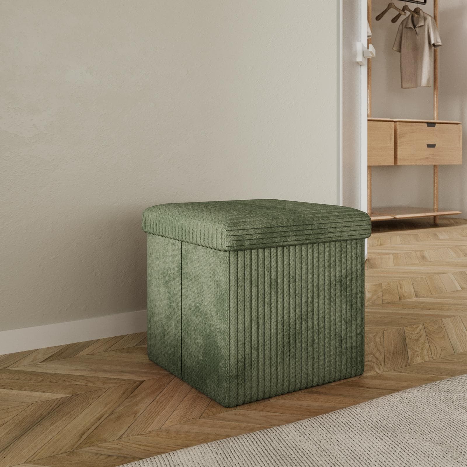 Pouf contenitore pieghevole 38x38 cm in velluto a coste verde - Ghergana