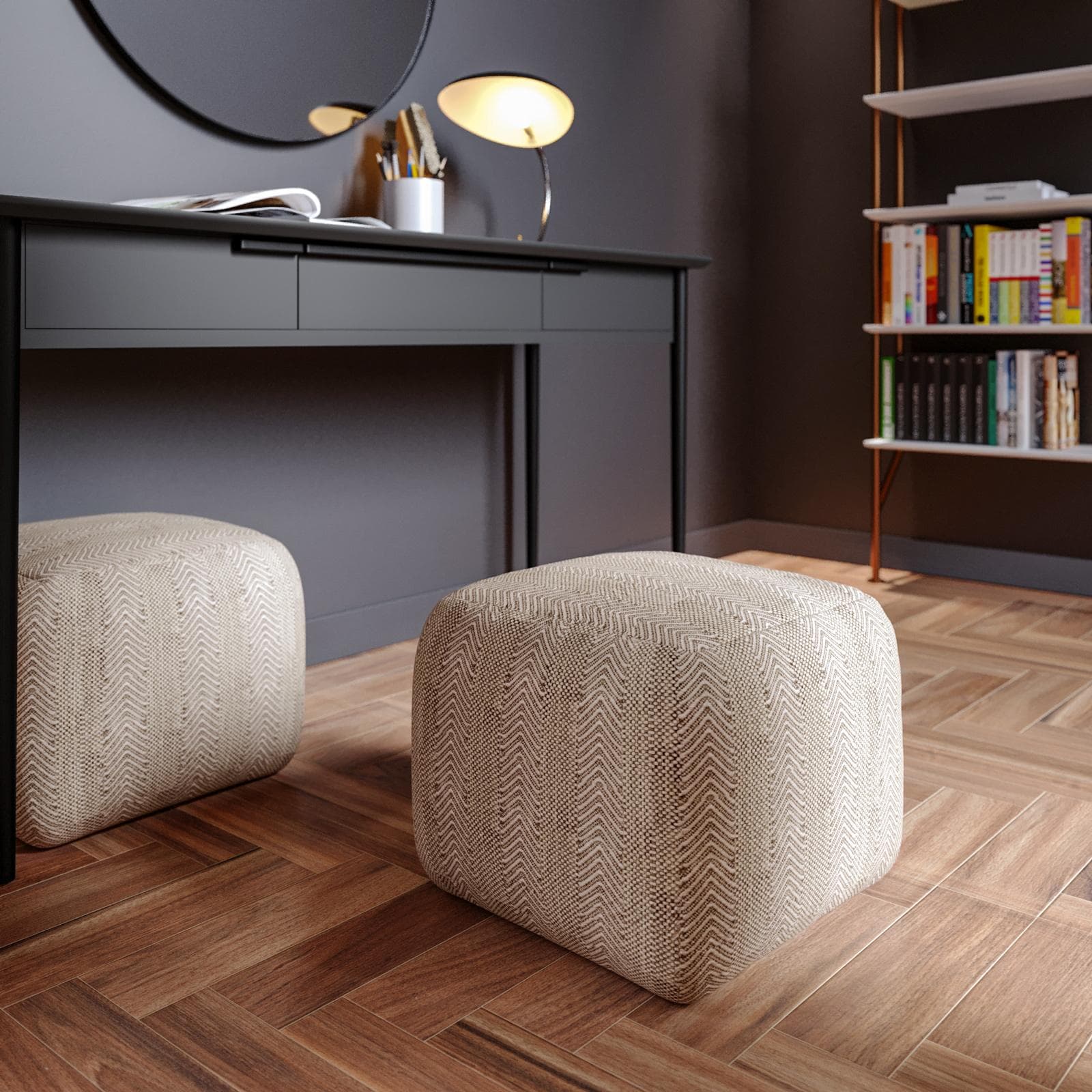 Pouf imbottito 45x45 cm in tessuto idrorepellente a quadri beige - Rupert