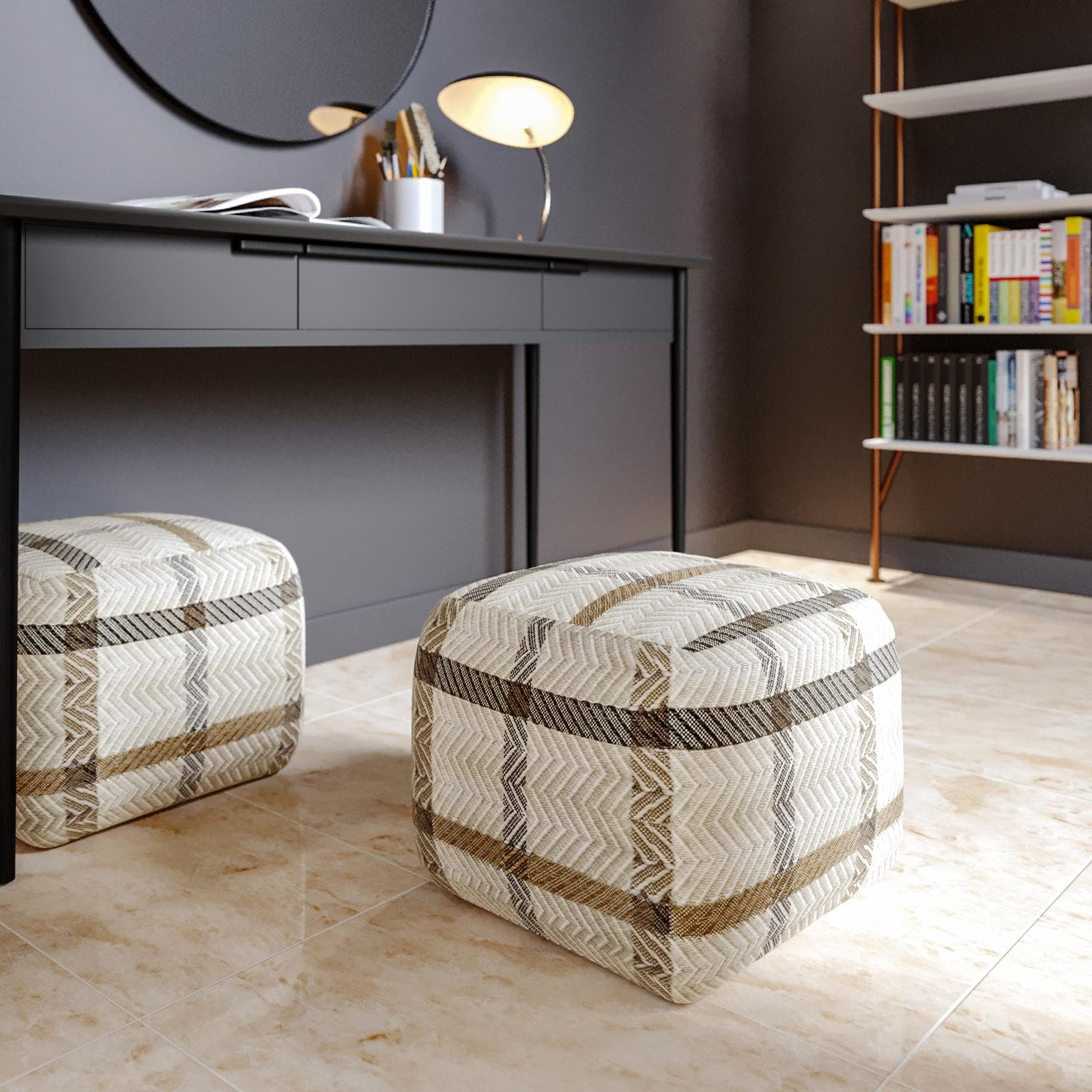 Pouf imbottito 45x45 cm in tessuto idrorepellente a quadri bianco - Rupert