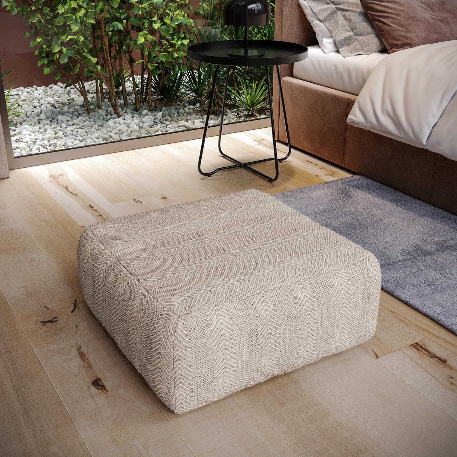 Pouf imbottito 60x60 cm in tessuto idrorepellente a quadri beige - Rupert