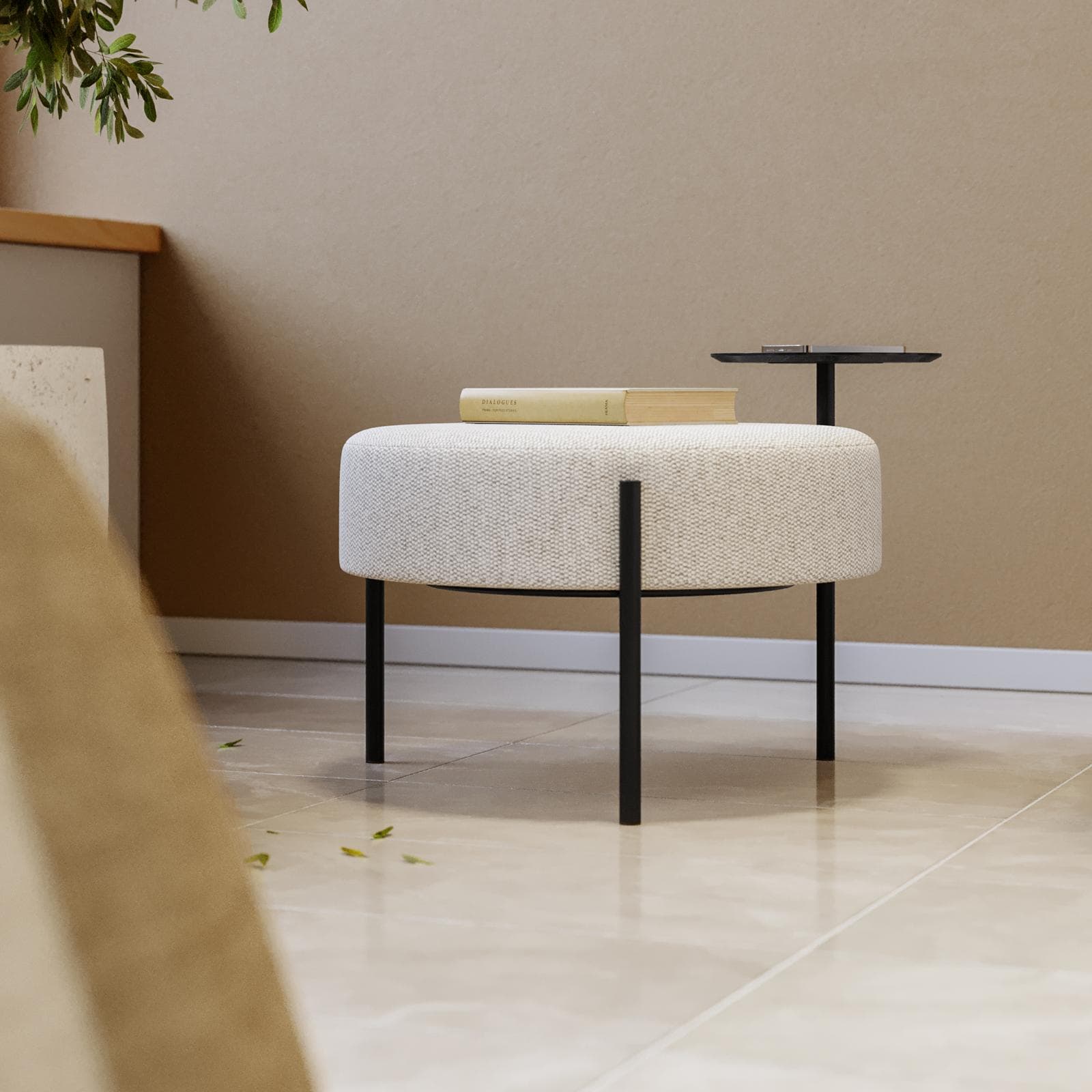Pouf rotondo 64 cm in maglia bianco con tavolino effetto legno nero - Farel