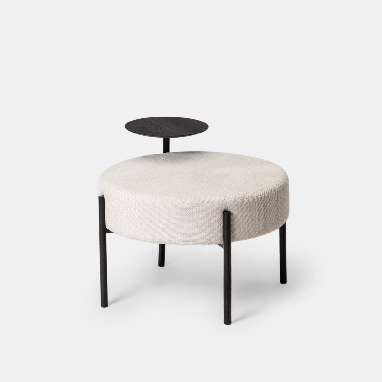 Pouf rotondo 64 cm in maglia bianco con tavolino effetto legno nero - Farel