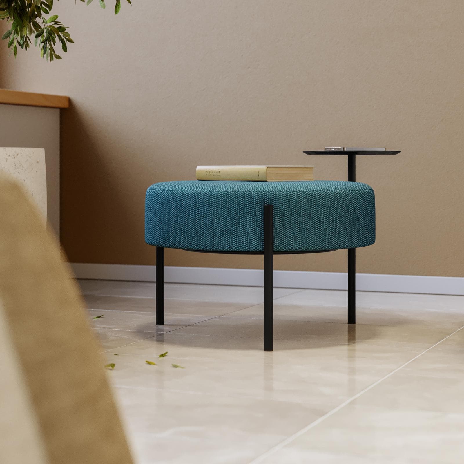 Pouf rotondo 64 cm in maglia petrolio con tavolino effetto legno nero - Farel