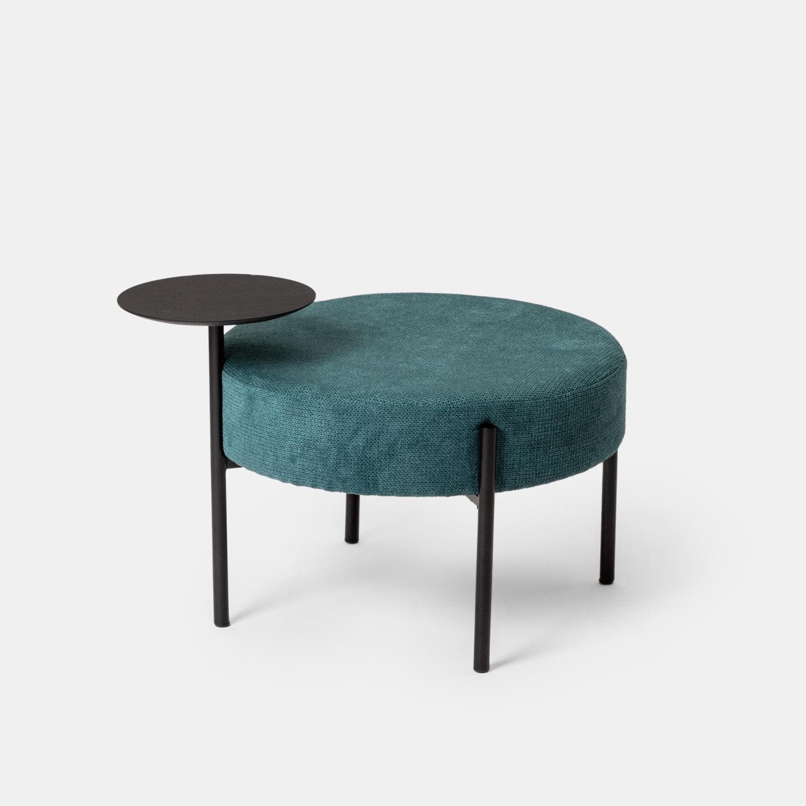 Pouf rotondo 64 cm in maglia petrolio con tavolino effetto legno nero - Farel