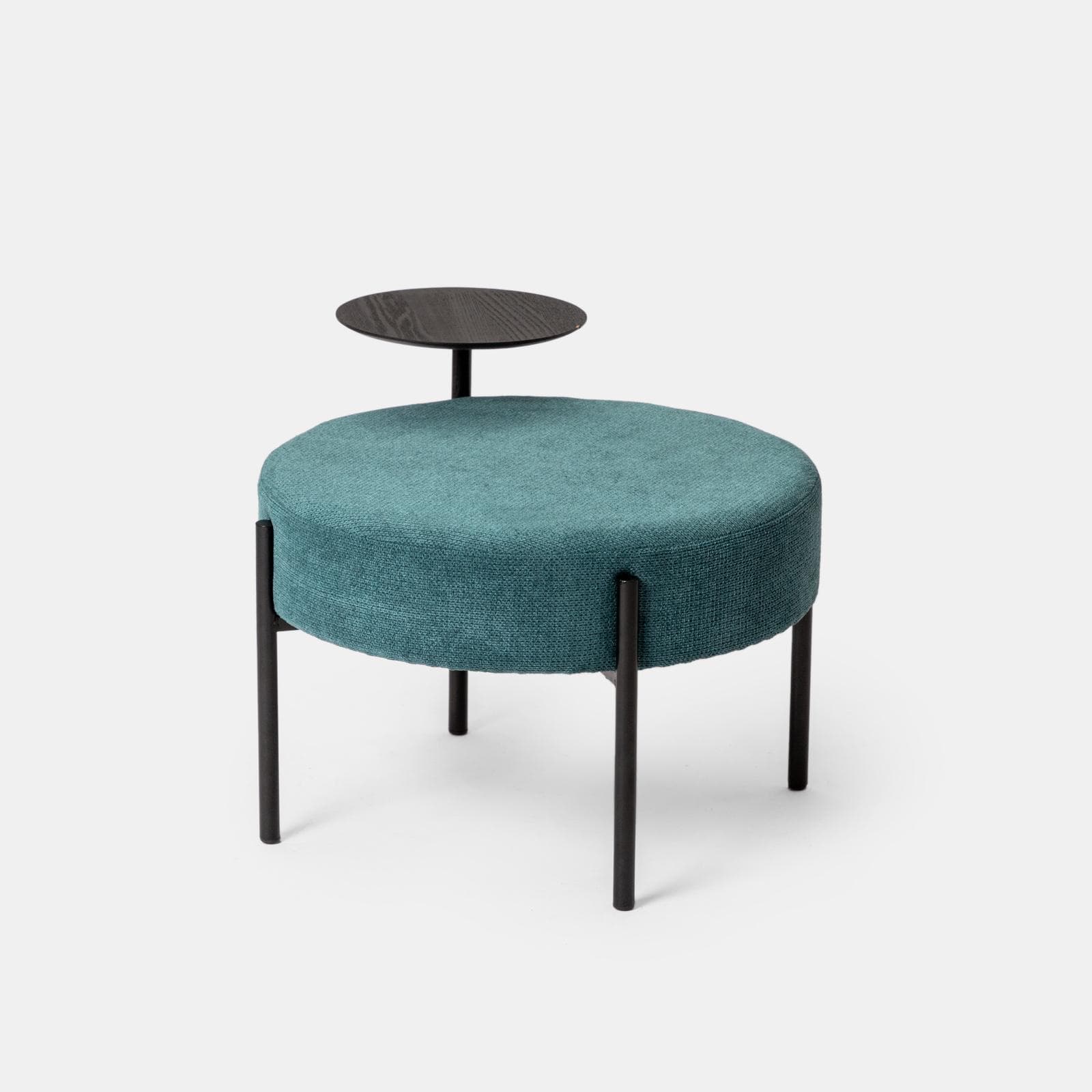 Pouf rotondo 64 cm in maglia petrolio con tavolino effetto legno nero - Farel