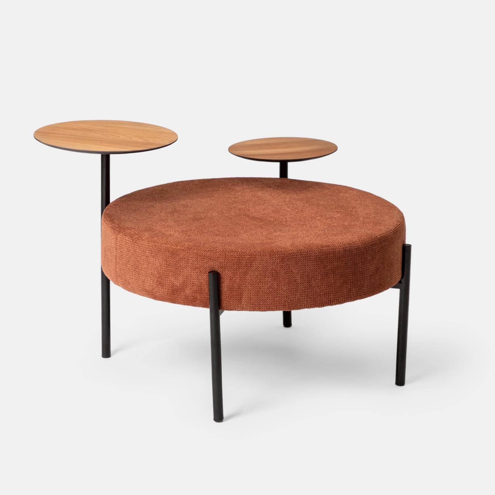 Pouf rotondo 78 cm in maglia terracotta con due tavolini effetto legno - Farel