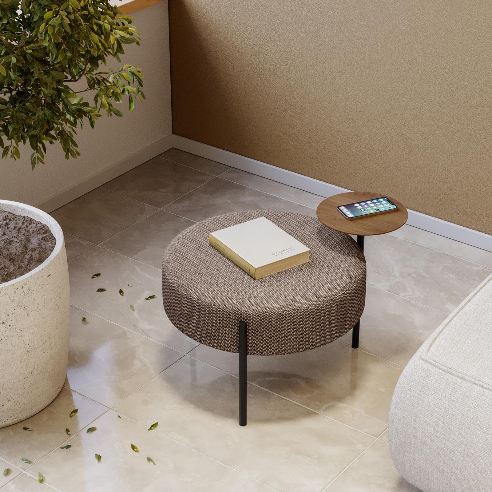 Pouf rotondo 64 cm in maglia tortora con tavolino effetto legno - Farel