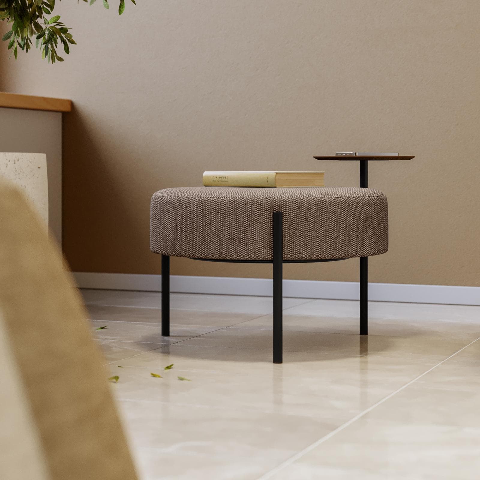 Pouf rotondo 64 cm in maglia tortora con tavolino effetto legno - Farel