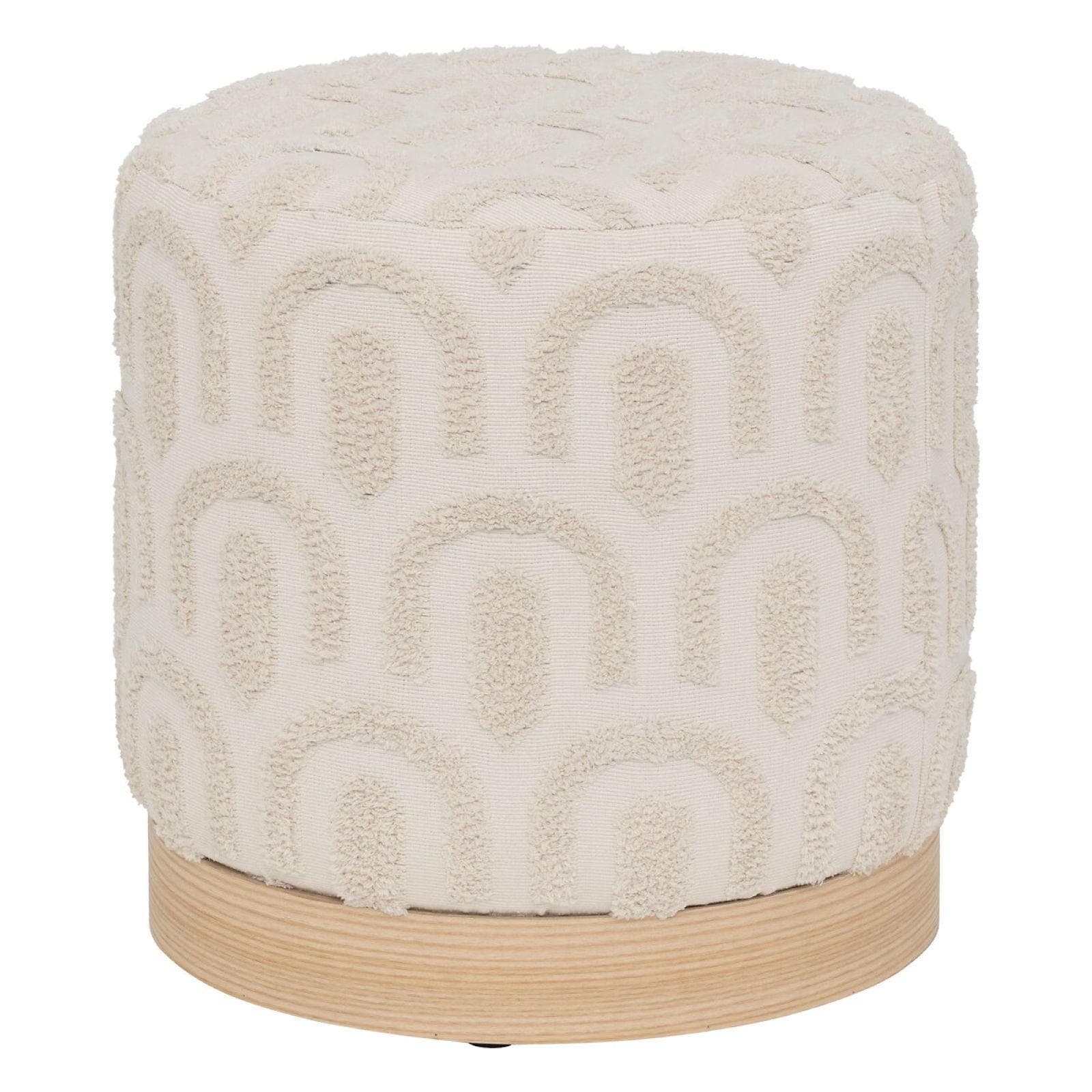 Pouf rotondo 38 cm in tessuto bianco con base in legno di pino e motivo in bouclé